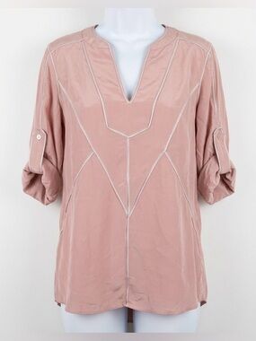 BCBGMaxAzria Blush Pink Silk V-Neck Tunic Top Roll Tab Sleeves Women’s Large